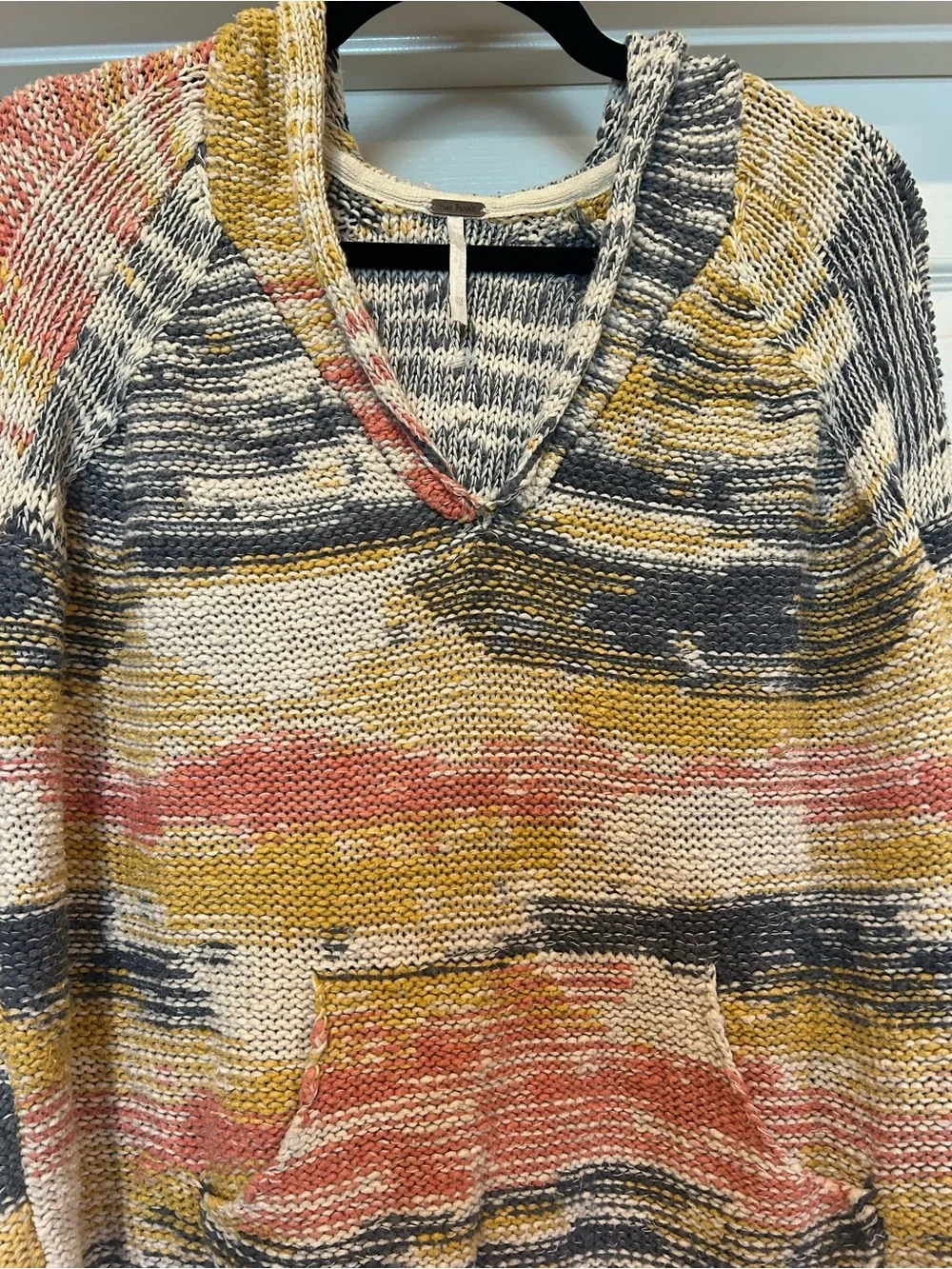 Striped Knit Hoodie Sweater in Mustard, Coral & Navy by Free People, Sz XS - Picture 4 of 5